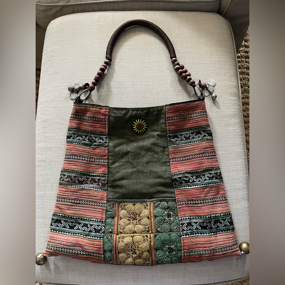 GORGEOUS tribal tapestry boho handmade fabric purse bag metal wood beads hippie